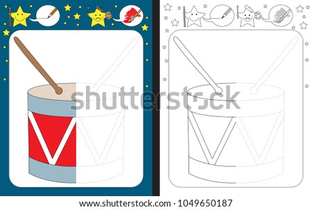Preschool worksheet for practicing fine motor skills - tracing dashed lines - finish the illustration of a drum