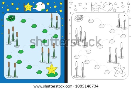 Preschool worksheet for practicing fine motor skills - tracing dashed lines from frog to little star