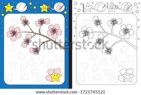 Preschool worksheet for practicing fine motor skills - tracing dashed lines of cherry flower petals
