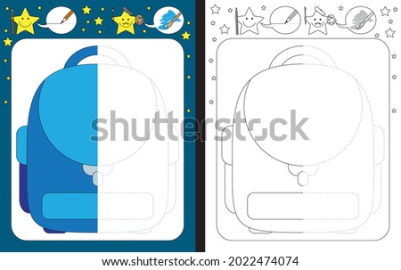 Preschool worksheet for practicing fine motor skills - tracing dashed lines - finish the illustration of a school bag