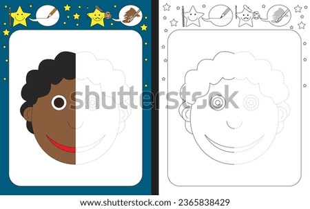 Preschool worksheet for practicing fine motor skills - tracing dashed lines - finish the illustration of a boy