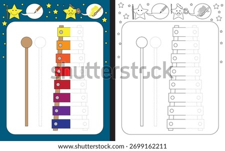 Preschool worksheet for practicing fine motor skills - tracing dashed lines - finish the illustration of the xylophone