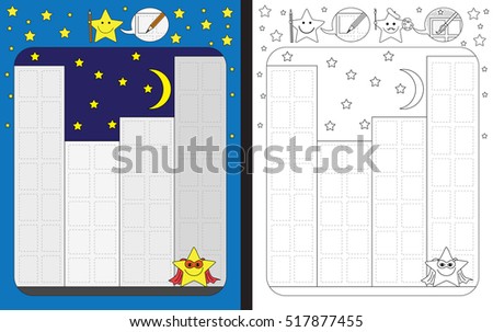 Preschool worksheet for practicing fine motor skills - tracing dashed lines and finishing windows on buildings