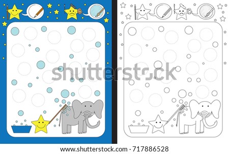 Preschool worksheet for practicing fine motor skills - tracing dashed lines of soap bubbles from elephant bath