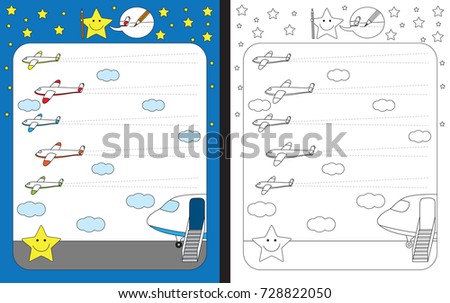 Preschool worksheet for practicing fine motor skills - tracing dashed lines of airplane trails