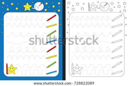 Preschool worksheet for practicing fine motor skills - tracing dashed lines of crayon trails