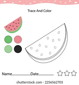 Hoja de trabajo preescolar para practicar. Rastrear la fruta de la sandía y el color para los niños. Capacidad para rastrear y colorear. hoja de cálculo de seguimiento.