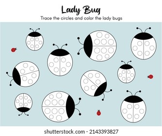 Preschool worksheet, trace the circles and color the ladybugs. Vector Illustration worksheet of ladybird for kindergarten. Educational activity handwriting practice worksheet for fine motor skills.