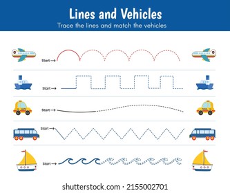 Preschool worksheet, trace the curved, zig-zag, wavy lines to match the vehicles. Airplane, ship, taxi, bus, cruise. Educational activity of fine motor skills for kindergarten. Lines and vehicles.