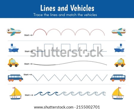 Preschool worksheet, trace the curved, zig-zag, wavy lines to match the vehicles. Airplane, ship, taxi, bus, cruise. Educational activity of fine motor skills for kindergarten. Lines and vehicles.