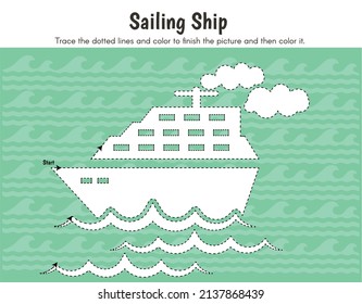 Preschool worksheet, trace the dotted lines. Vector Illustration worksheet of sailing ship for kindergarten. Educational activity handwriting practice book for fine motor skills.