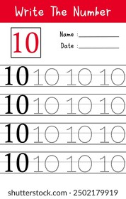 Preschool worksheet trace the Number. Educational worksheet for kids. Writing Practice. Letter Number 10