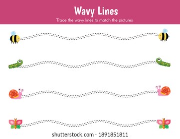 Preschool worksheet, trace the wavy lines. Vector Illustration worksheet showing caterpillar, bee, snail, butterfly for kindergarten. Educational activity coloring practice book for fine motor skills.