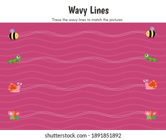 Preschool worksheet, trace the wavy lines. Vector Illustration worksheet showing caterpillar, bee, snail, butterfly for kindergarten. Educational activity coloring practice book for fine motor skills.