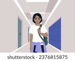 A preschooler with a backpack slung over one shoulder, walking down a school corridor, with classroom doors and lockers as the backdrop