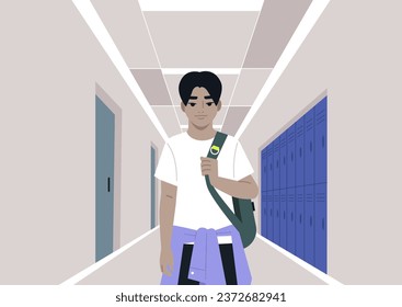 A preschooler with a backpack slung over one shoulder, walking down a school corridor, with classroom doors and lockers as the backdrop