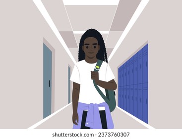 A preschooler with a backpack slung over one shoulder, walking down a school corridor, with classroom doors and lockers as the backdrop