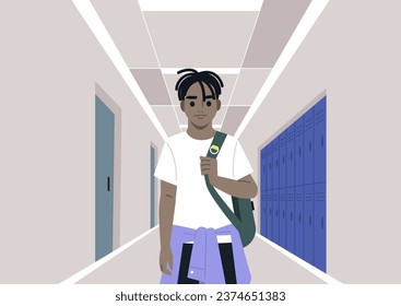 A preschooler with a backpack slung over one shoulder, walking down a school corridor, with classroom doors and lockers as the backdrop