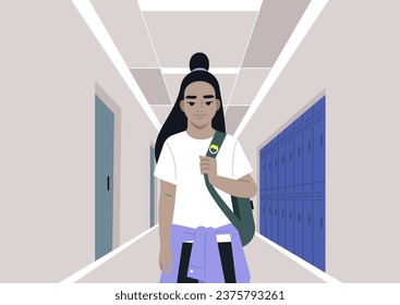 A preschooler with a backpack slung over one shoulder, walking down a school corridor, with classroom doors and lockers as the backdrop