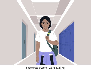 A preschooler with a backpack slung over one shoulder, walking down a school corridor, with classroom doors and lockers as the backdrop