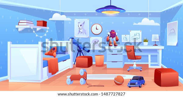 Preschooler boy comfortable bedroom interior\
in blue, red colors with bed, soft ottomans, cute animal pictures\
on wall, chair near desk, telescope, toys and carpet on floor\
cartoon vector\
illustration