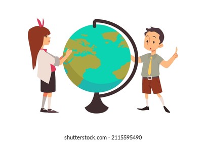Preschooler boy and girl exploring the globe, flat vector illustration isolated on white background. Cute kids cartoon characters studying geography at school or kindergarten.