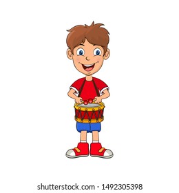 preschooler boy playing on drum cartoon design isolated on white background