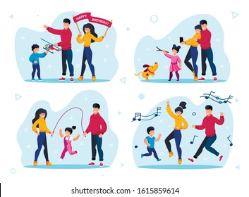 Preschooler Children Active Life, Happy Parenthood Trendy Flat Vector Concepts Set. Parents with Child Celebrating Birthday, Making Memorable Photos, Launching Kite, Dancing Together Illustrations