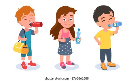 Preschooler Girl & Boys Standing, Holding Bottles & Enjoying Drinking Beverages. Thirsty Kids With Soda & Water Soft Drinks Showing Thumbs Up. Children Cartoon Characters Set. Flat Vector Illustration