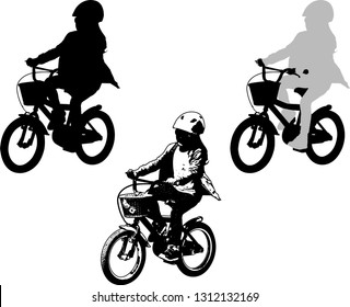 preschooler girl cycling sketch and silhouette - vector