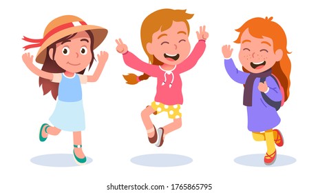 Preschooler girls jumping & raising hands joyfully. Cheerful female kids having fun or celebrating winning showing victory signs. Children cartoon characters set. Flat style vector illustration