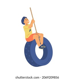 Preschooler or school boy swinging on bungee sitting on wheel in flat vector illustration isolated on white background. Child cartoon character enjoying flying, jumping on swing.