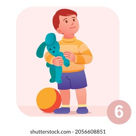 Preschooler with toys. Kid holds stuffed rabbit and plays with ball. Little boy can stand and walk. Growth and development of child. Cartoon flat vector illustration isolated on white background