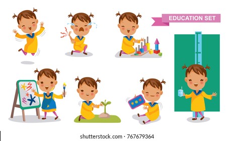 Preschoolers of Education set. Cute Little Girl. Jumping,Crying, falling, drawing, playing, planting trees, playing Tablet Games, Drinking milk and measuring height. Student activity concept. 