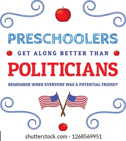 Preschoolers vs. Politicians graphic with apples, swirls and US flags