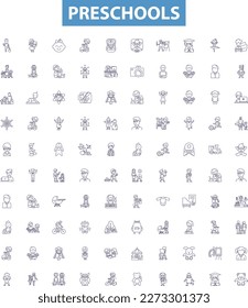 Preschools line icons, signs set. Preschools, Nurseries, Daycares, Kindergartens, Learning, Early, Education, Young, Children outline vector illustrations.