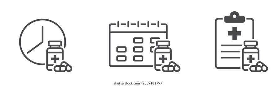 Prescribing medication line icons. Medication, pill schedule reminder. Health care isolated vector images in simple style