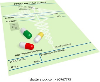 Prescription blank with pills in perspective