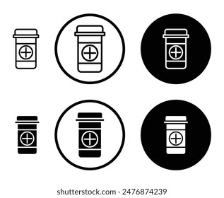 Botella de prescripción negro lleno y contorneado conjunto de iconos