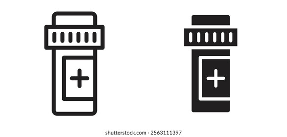 Prescription bottle icons in black line and filled versions