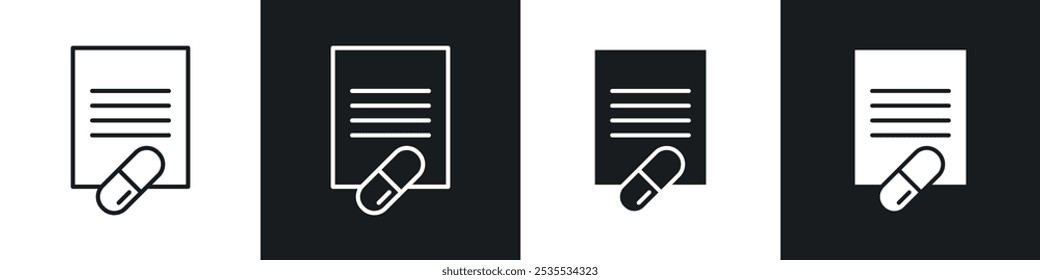 Conjunto de iconos de Vector de prescripción y cápsula en blanco y negro. Ilustración EPS 10