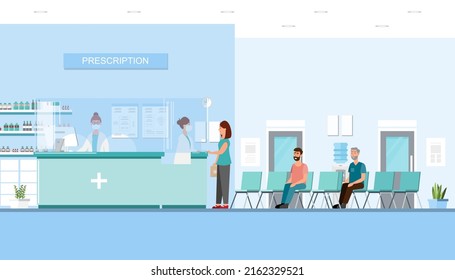 prescription department for patients in a hospital. vector illustration cartoon character