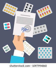 Prescription from doctor on paper with blue seal, held by man hand, lots of pills blisters around, medical treatment and cure vector illustration