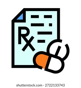 Documento de prescripción que presenta el símbolo rx con varias píldoras de medicamentos, que representan conceptos de atención médica, tratamiento, servicios de farmacia y consulta médica