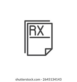 Prescription document line icon. Outline vector icon showing an RX label on paper. Symbol icon for pharmacy, medication orders, or drug treatment. Clean linear vector design.