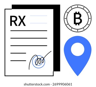 Documento de prescrição com assinatura, símbolo Bitcoin e pin de localização azul. Ideal para serviços médicos, receitas, tecnologia blockchain, criptomoeda, navegação, transações digitais