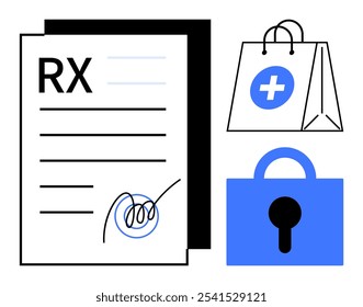 Documento de prescrição com assinatura, saco de compras com símbolo médico e ícone de cadeado em azul. Ideal para serviços médicos, farmácia, segurança médica, medicamentos on-line e prescrição médica