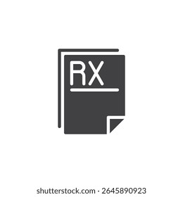 Ícone sólido do documento de prescrição. Um ícone médico glifo com um rótulo RX. símbolo vetorial e sinal usado em farmácia, pedidos de medicamentos e visuais de tratamento de saúde.