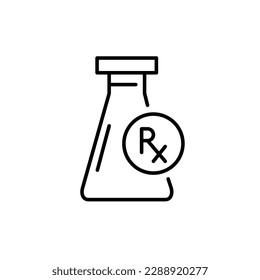 Medicamento de prescripción. Matraz de vidrio con símbolo de prescripción. Icono de trazo de píxeles perfecto, modificable