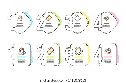 Prescription drugs, Euro money and Strategy icons simple set. Present delivery sign. Pills, Cash, Puzzle. Shopping service. Business set. Infographic timeline. Line prescription drugs icon. Vector